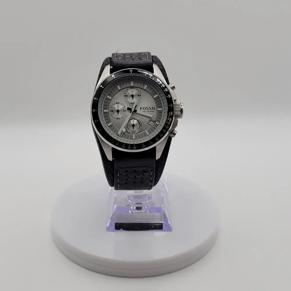 Mens Fossil Chronograph Silver Dial 10 ATM Quartz Watch Black Leather Cuff Strap